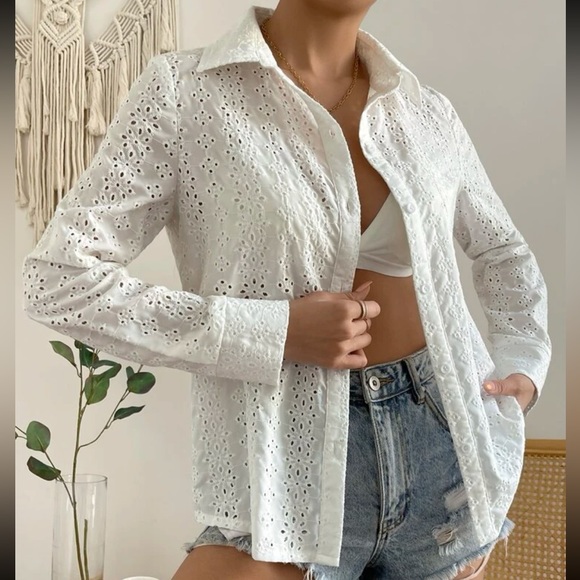 Tops - Boho Eyelet Embroidery Button Front Shirt Top Blouse White